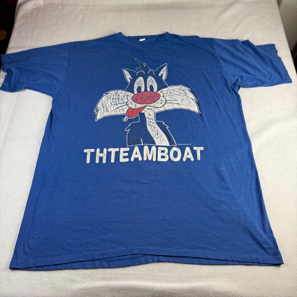Vintage 1990 Looney Tunes Sylvester Thteamboat Blue TEE Single Stitch ONE SIZE